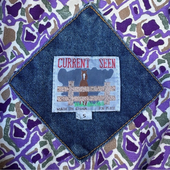 Vintage 80s 90s Current Seen Patchwork Floral Tapestry Blue Denim Jean Jacket - Picture 6 of 15